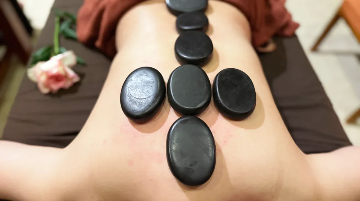 Hot stones placed on a client's back during a hot stone massage at Rosie's Magical Spa.