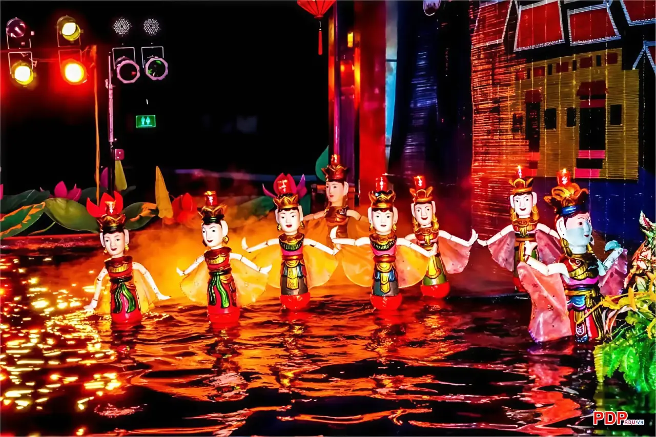 Water puppet show Hanoi with colorful performers on stage